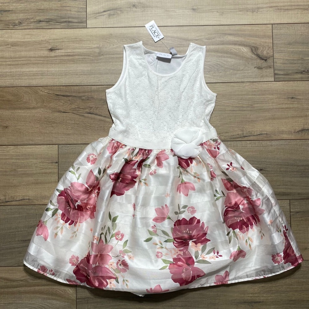 The Children’s Place Girls Lace & Floral Knit To Woven Dress Large‎ 10/12 White
